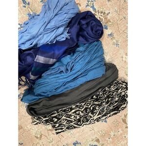 Lot of 5 Womens Scarves Blue Grey Ikat Print Pashmina Infinity Scarf Bundle